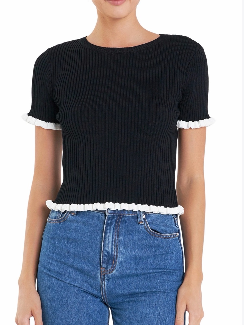 English Factory Black Ribbed Short-Sleeve Top with White Ruffle Trim- Size S